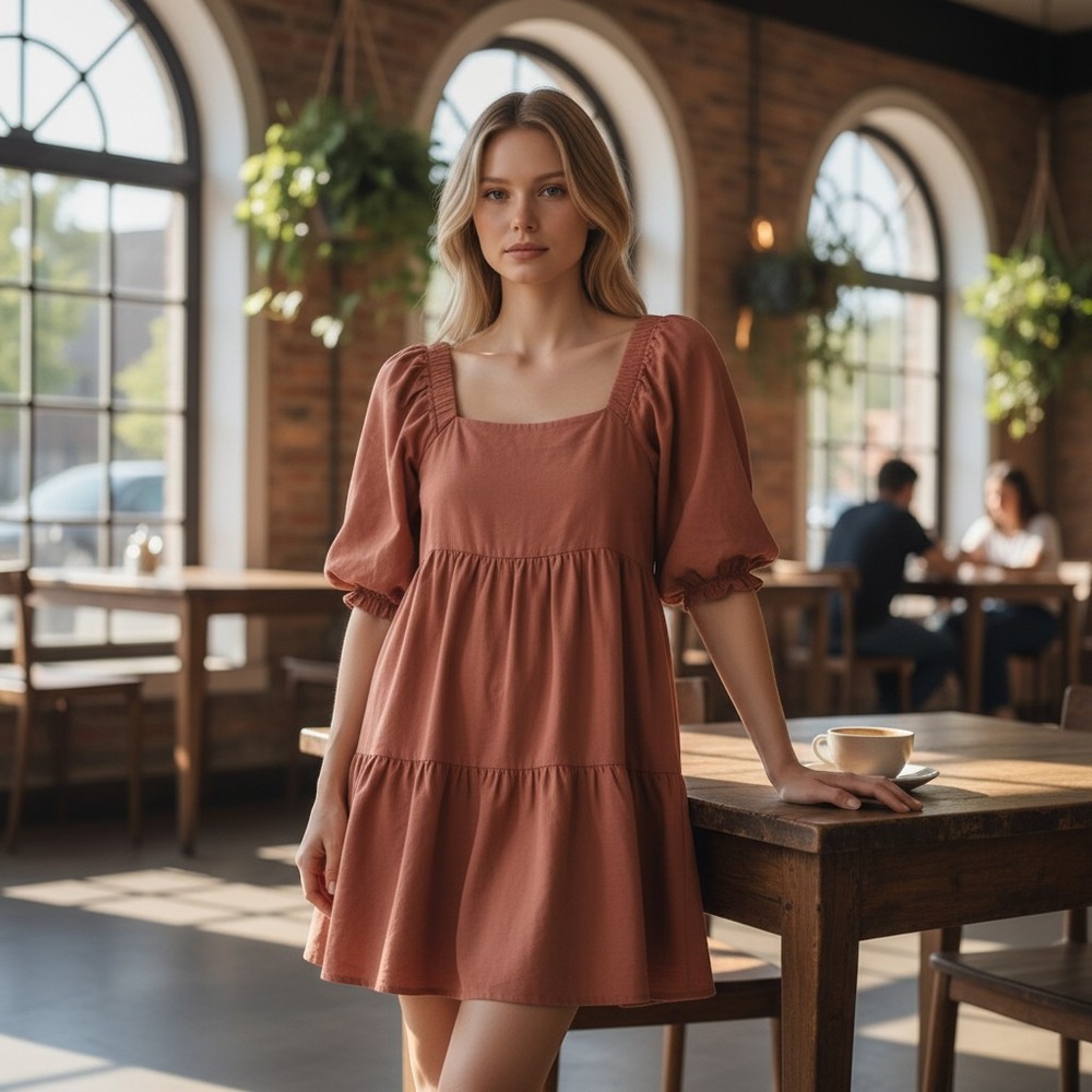 Hunter & Brown Terracotta Rust Tiered Mini Dress Square Neck Puff Sleeve XS